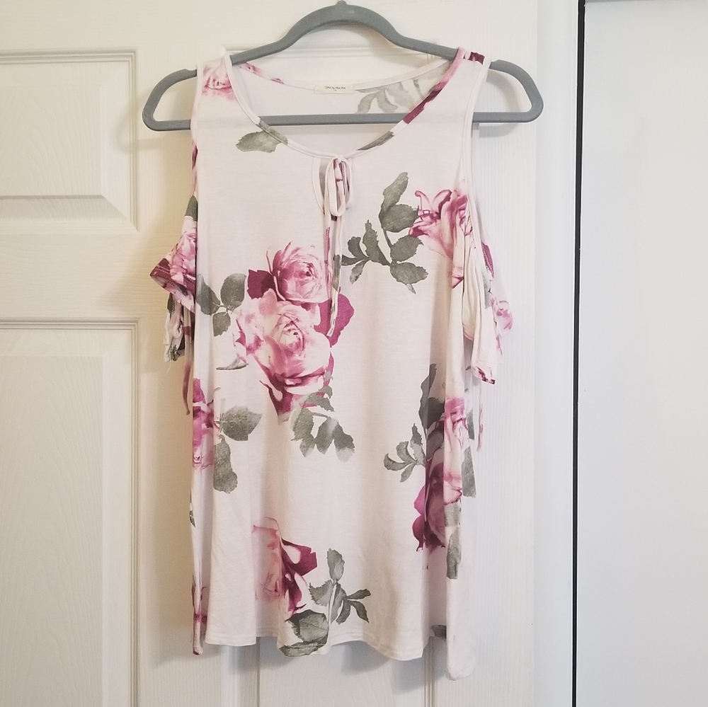 Cold Shoulder, Flutter Sleeve, White/Floral Top